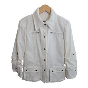 Anthracite Ivory Textured Button Jacket Size 8 Silver Accent Chic Casual